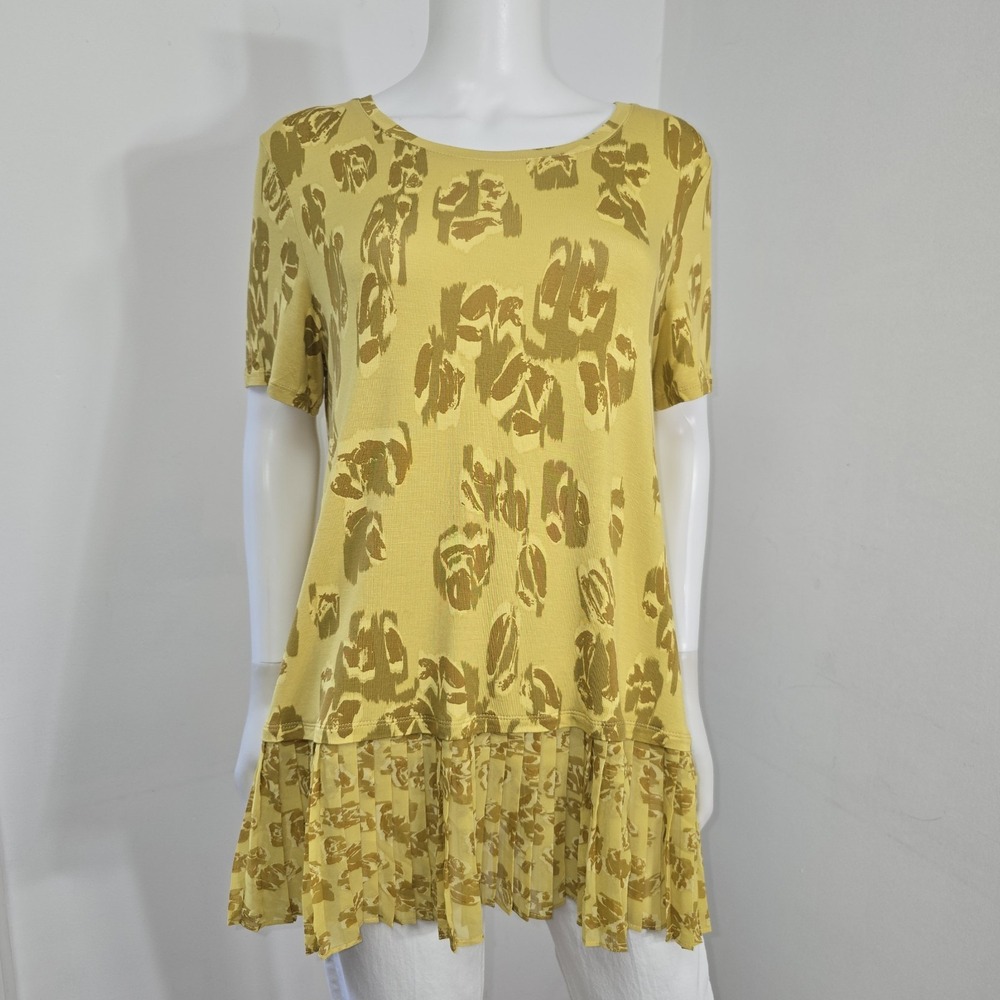 Logo Lori Goldstein Floral Printed Pleated Hem Top Tunic Size L Yellow Short Slv